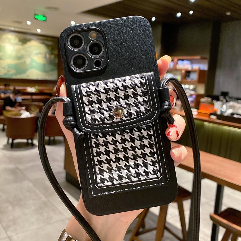 Applicable To Iphone13 Oblique Strap Insert Card Mobile Phone Case Plaid Change Card Bag Function Leather Case Protective Case XRXS
