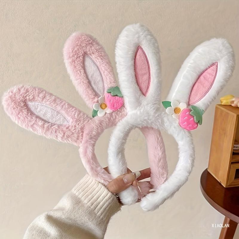 Cute Strawberry Flower Rabbit Ear Headband for Women, Plush Hairband.