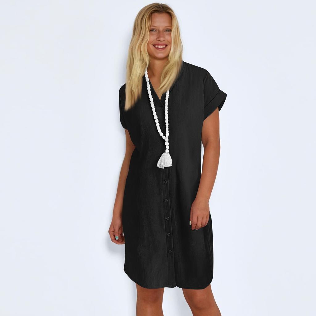 Ladies' Loose And Comfortable Summer Color Cotton Linen V-neck Button Up Dress