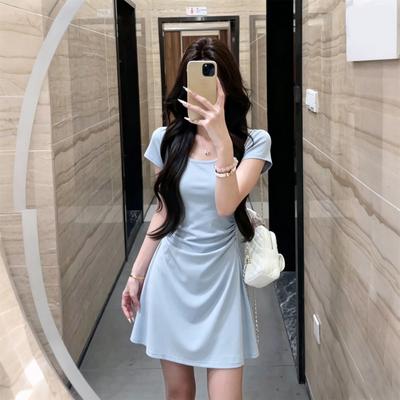 Blue Huge Good-looking Short Skirt Children! New Early Summer U-neck Short-sleeved Small Hip-wrapped Slim-fit Dress