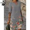 Damenmode Sommer Frühling Blumenmuster Druck 1/2 Ärmel V-Ausschnitt Lose Taille Freizeitkleider