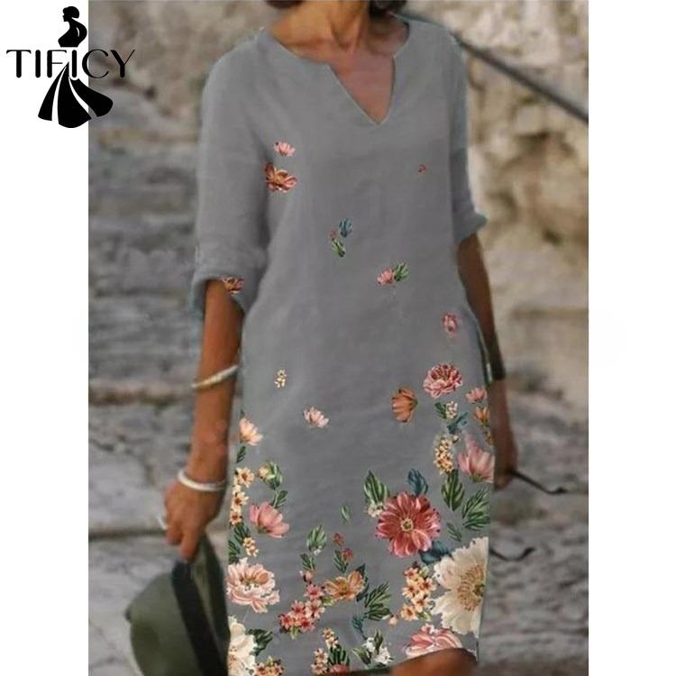 TIFICY Abiti casual con stampa a fiori, modello estivo primaverile, maniche a 1/2, scollo a V, vita ampia