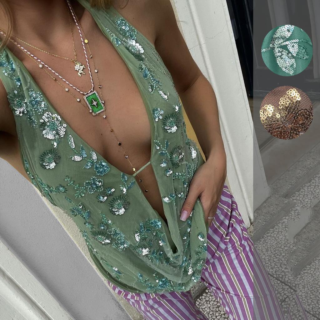 Glitter Sequined Vest, Deep V-neck, Hollow Halter Top