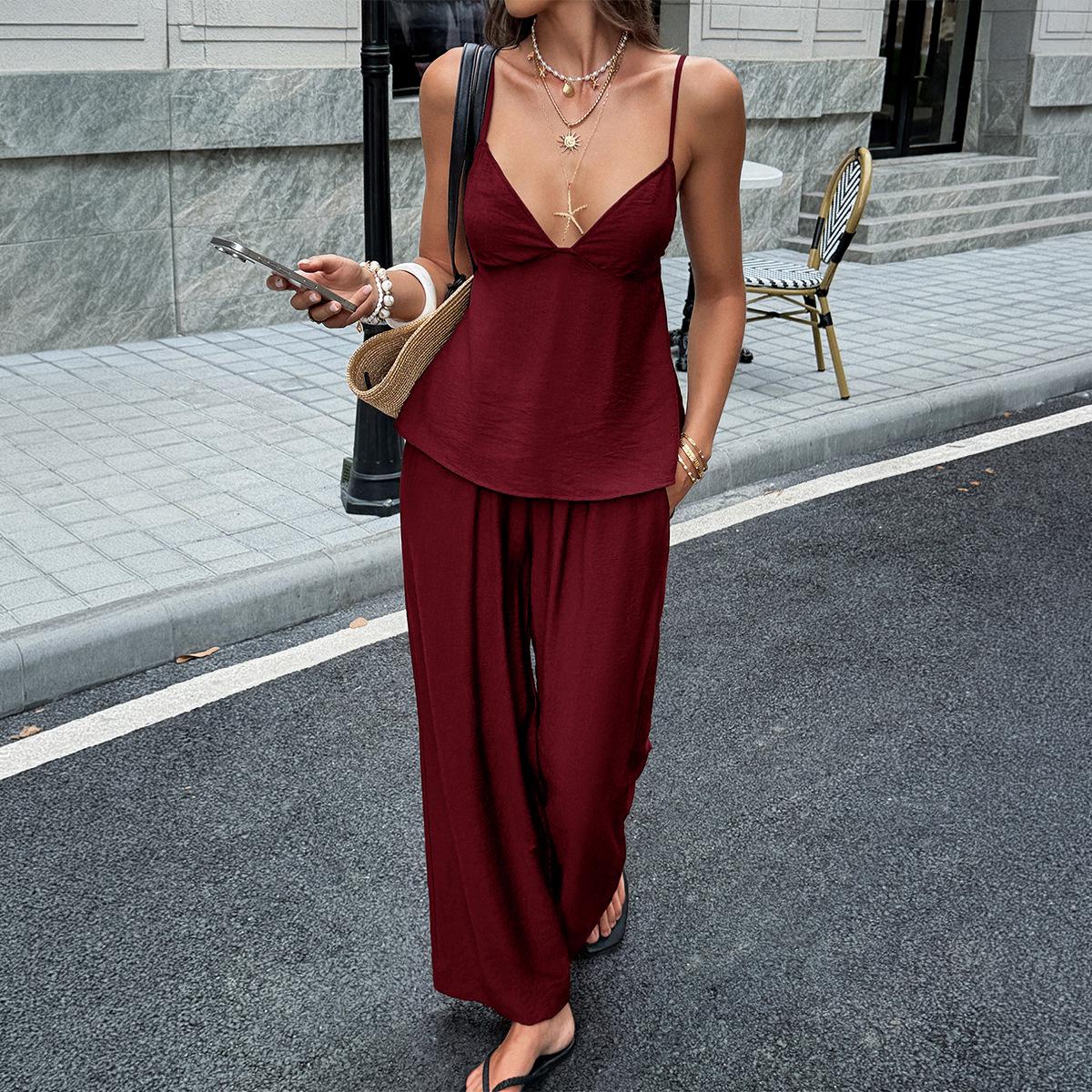 

Di Yun European-American Resort Style Spaghetti Strap T-shirt & Long Pants Women s Suit - 2026 Summer Collection Large красный