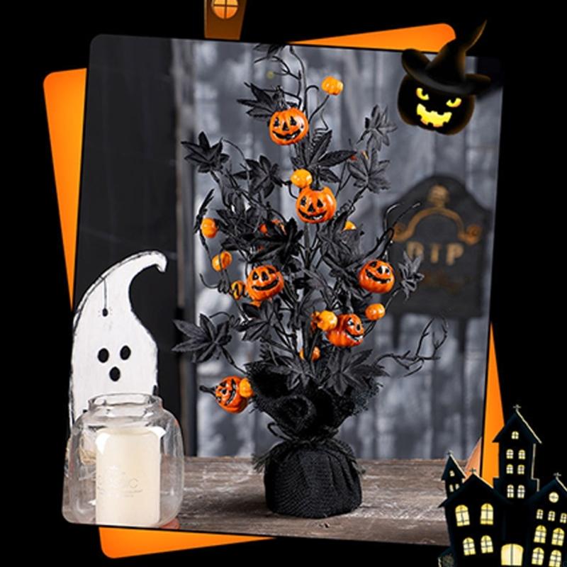 Halloween Artificial Tree Decoration With Pumpkins and Black Maples Leaves for Home Party Desktop Display