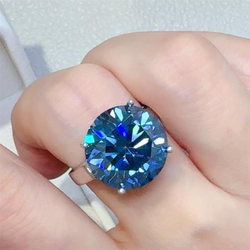 10 Carat Blue Moissanite Diamond Ring with Four-Prong Setting - Pigeon s Egg Style, Women s Eight Hearts, Eight Arrows, Diamond Tester Verified. Size 19