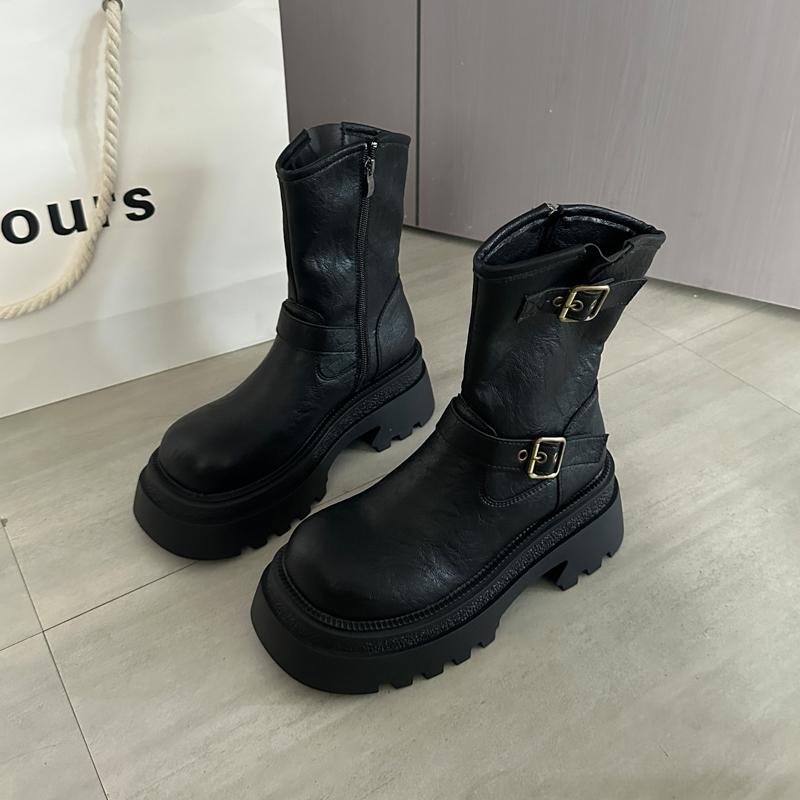 Autumn Winter Women Thick Heel Ankle Boots Fashion Belt Buckle Shoes Punk Style Ladies Height Increase Mordern Short Booties