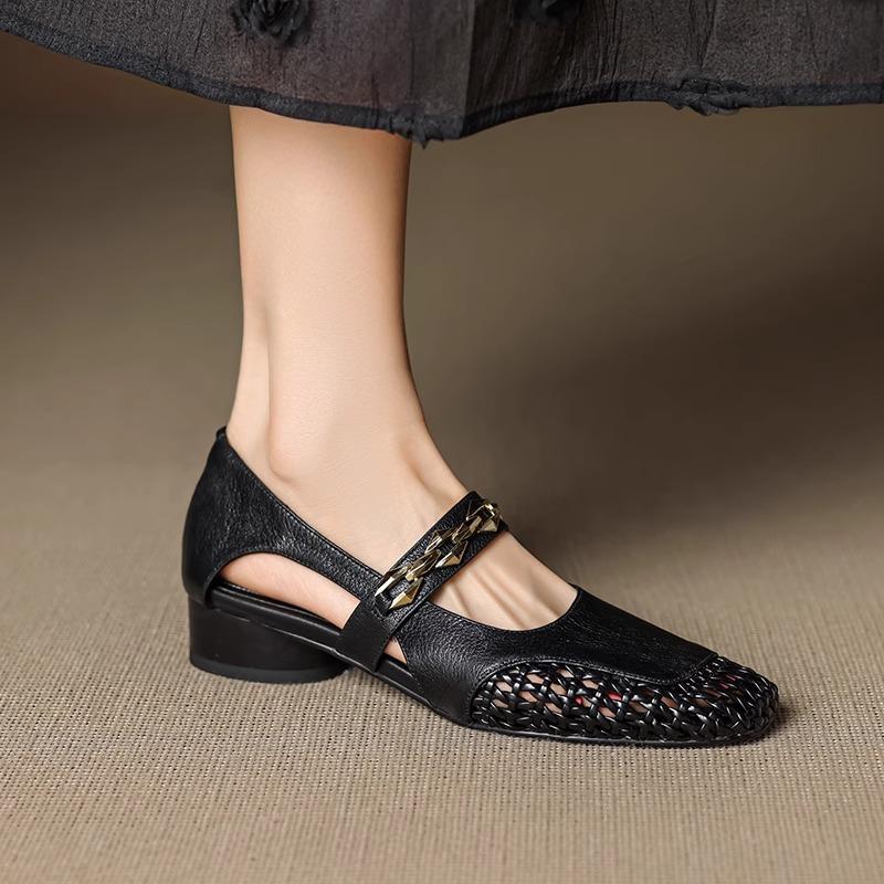 Cowhide woven mesh hole shoes 2025 spring and autumn models square head thick heel one-button metal hollow fashion sandals