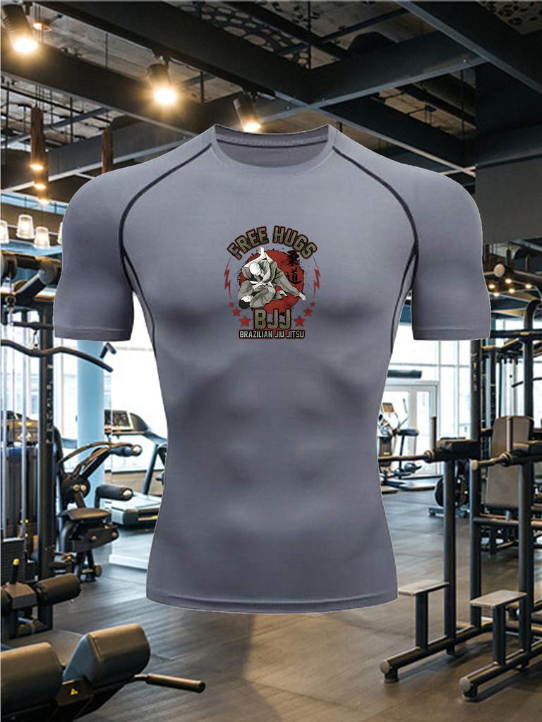 Men's White Brazilian Jiu-Jitsu Compression T-Shirt "BJJ" Bulldog Print Quick Dry Gym Workout Top