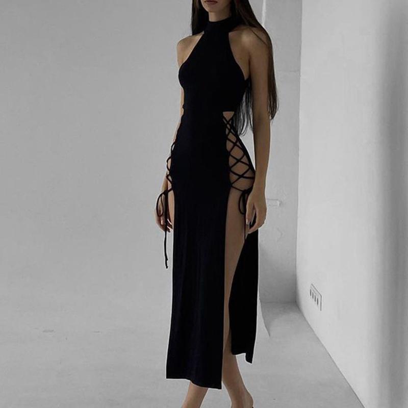 Goth Dark Cosplay Hoher Schlitz Sexy Bandage Damenkleider Y2K Mall Gothic Neckholder Slim Midi Kleid Schwarz Grunge Stil Alt Partykleidung