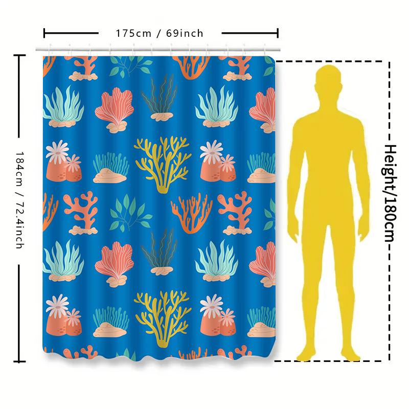 Colorful Coral Reef Shower Curtain Waterproof Bath Mat Bathroom Decor Home Supplies 245X180cm (Blue)
