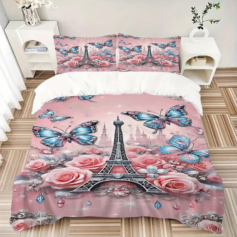 3pcs Parisian Butterfly & Rose Eiffel Tower Bedding Set, Includes One Quilt Cover and Two Pillowcases (No Core), Home Decor, Festival Gift