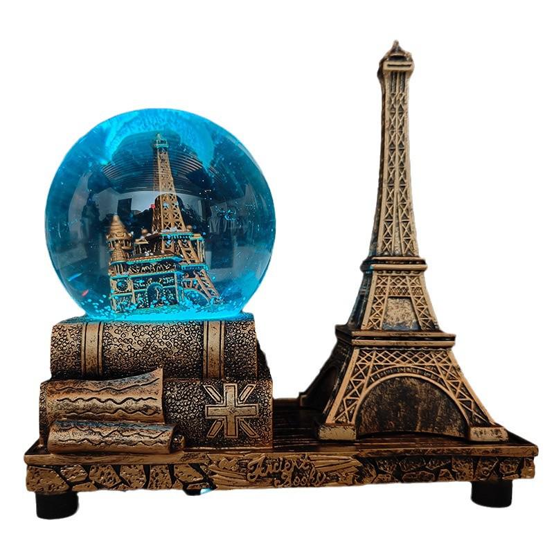 Creative Luminous Eiffel Tower Snow Globe Music Box - Retro Desktop Decoration