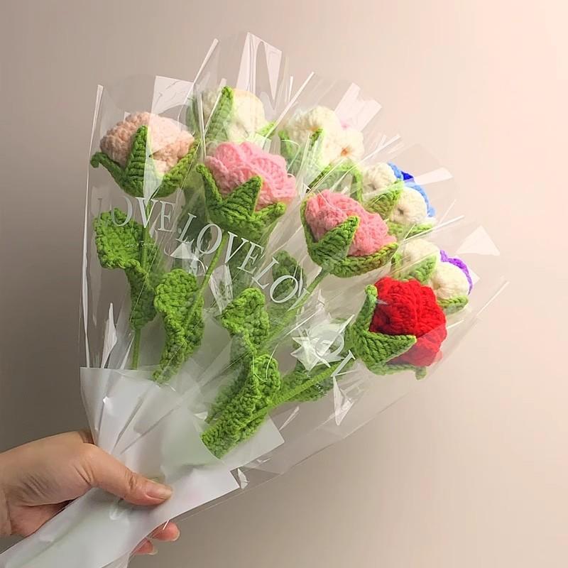 Knitting Flower Rose Bouquet Simulation Flower Home Decoration Wedding Hand-Knitted Crochet Fake Floral for Valentine's Gift