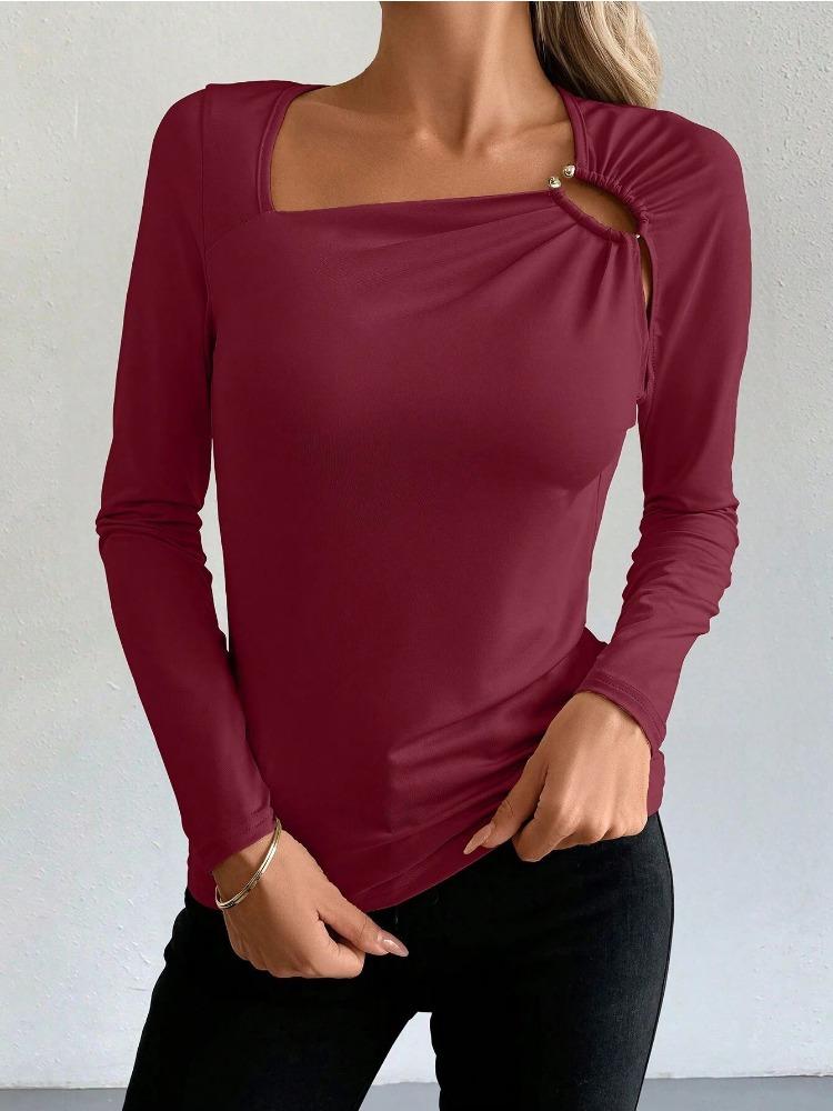 Spring Elegant Women's Solid Color Casual Square Neck Fashion Slim Long Sleeve T-Shirt Top Women Versatile Closet Essential Fashion Items Shirt