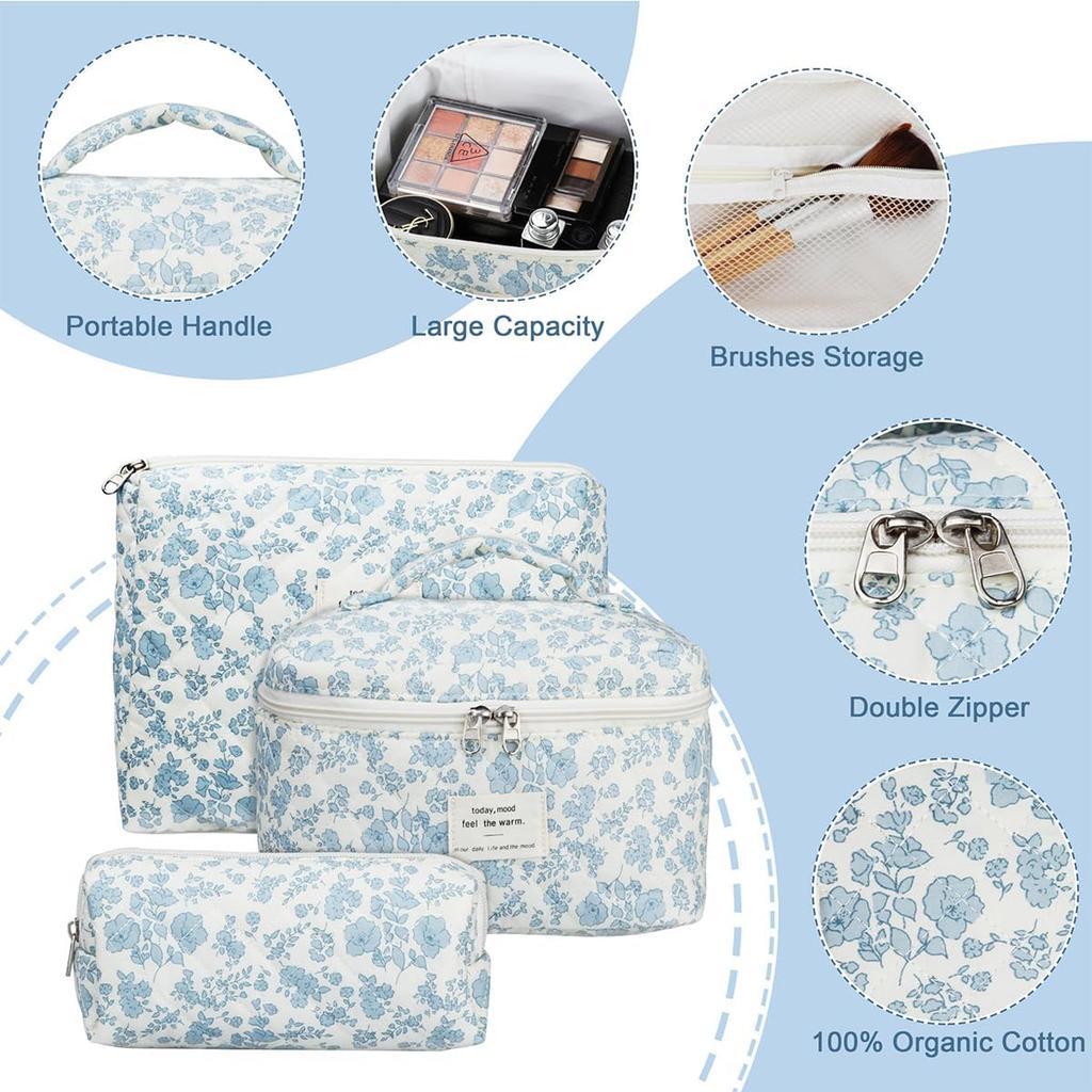 Floral Makeup Bag Quilted Cosmetic Large Capacity Travel Makeup Pouch Set of Blue Set, Pouch, 3,