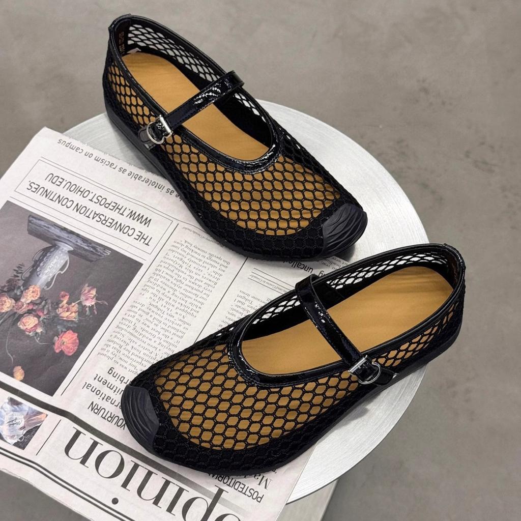 European Station Women's Summer Hollow Mesh Round Head One-word Ballet Shoes Soft Sole Comfortable and Breathable Mary Jane Shoes