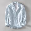 Retro Style Summer T-shirts for Men Beach Breathable Cotton Linen Tops&Tees Solid Color Pullovers Stand Collar Long Sleeve Tshirt