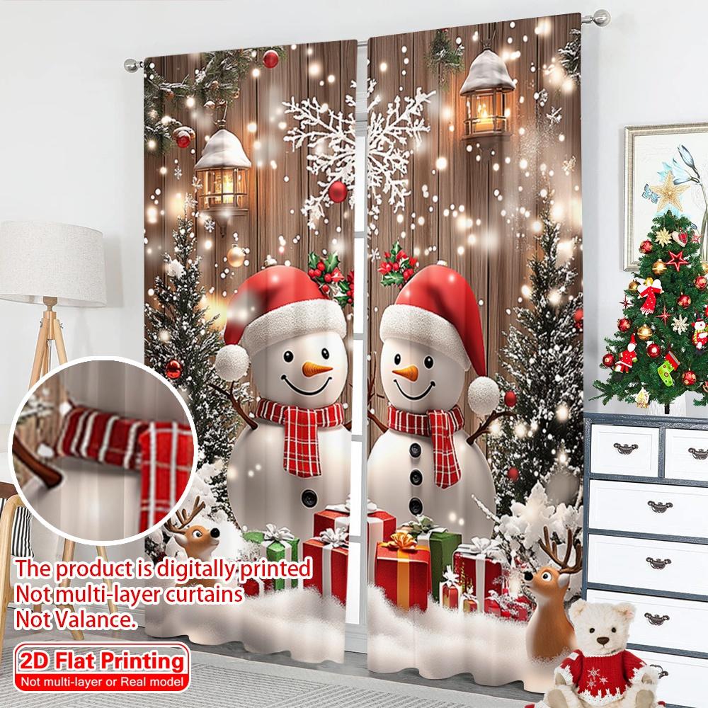 2pcs 2D flat printing Christmas Party Curtain Winter Christmas, Rural Snowman Christmas Polyester Fabric Without Electricity