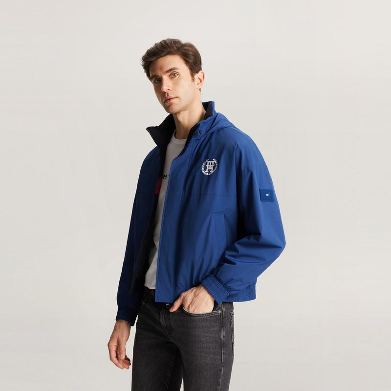 Tommy Hilfiger Vintage Casual Sports Style Reversible Embroidered Stand Collar Hooded Jacket Men Jacket Deep-Blue Black MW0MW34452
