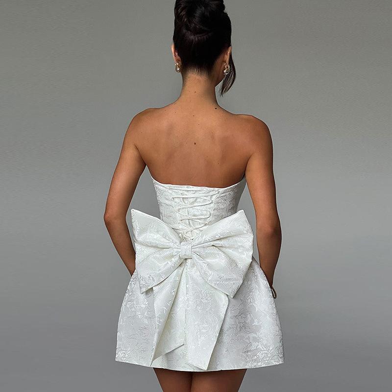 Summer Fashion Style Sexy Jacquard Strapless Bow Dress Woman