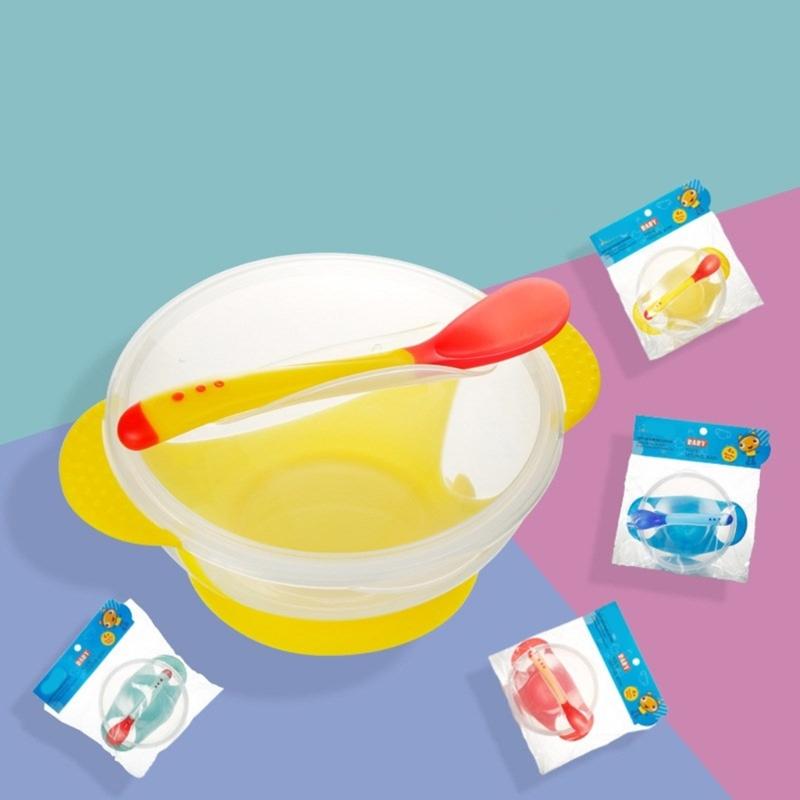 Infant Feeding Bowl Strong Suction Base with Temperature Sensing Spoon Safe for Baby Learning To Eat Independently