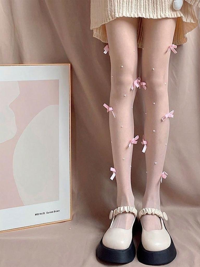 Schleife weiße Strümpfe für Damen Sommer dünn Anti-Haken Seide Lolita reine Begierde Perlschwarz Strümpfe