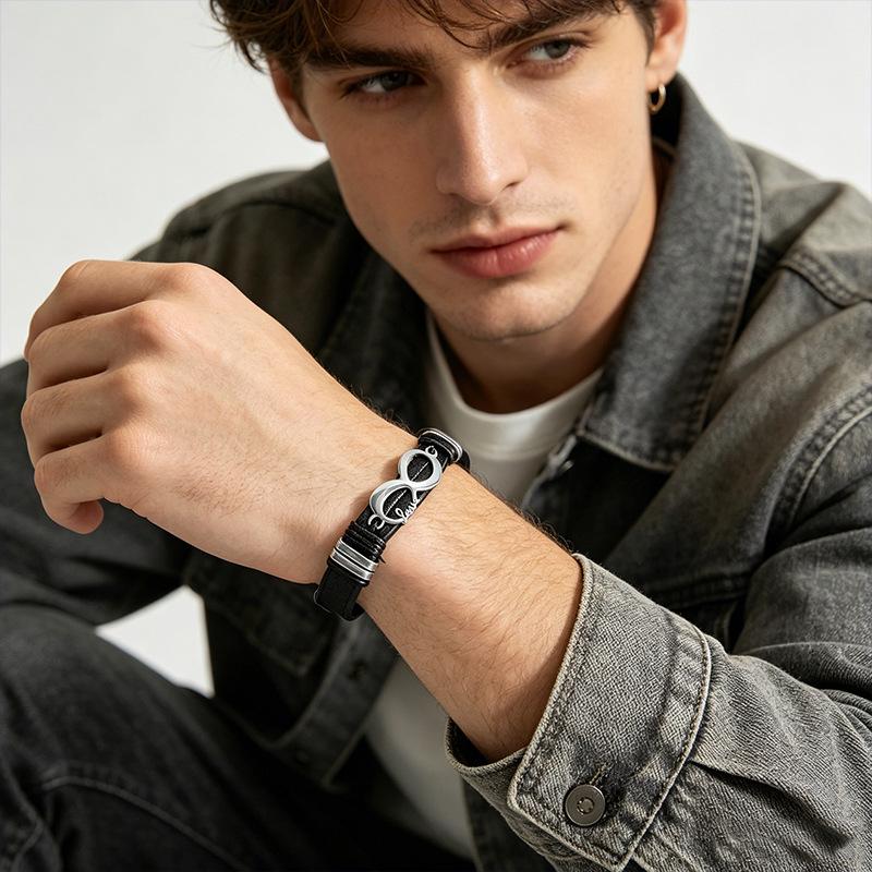 OPK Men's Trendy Leather Bracelet with Stainless Steel Infinity Design