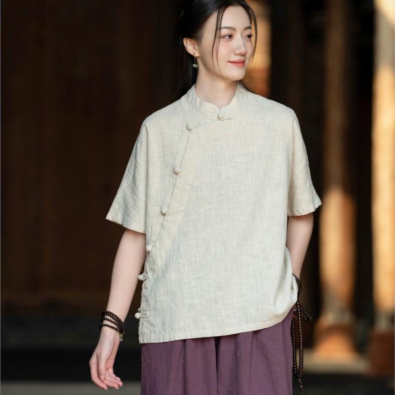 

Johnature Women Vintage Summer Shirts Tops Stand Short Sleeve Blouses Solid Color Button Loose Chinese Style Shirts One Size бежевий