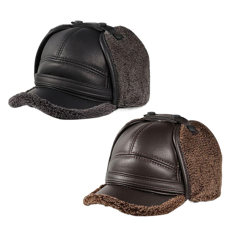 High Quality PU Leather Men's Earmuffs Cap Windproof Thickened Baseball Cap Outdoor Warm Ear Protection Hat Autumn Winter