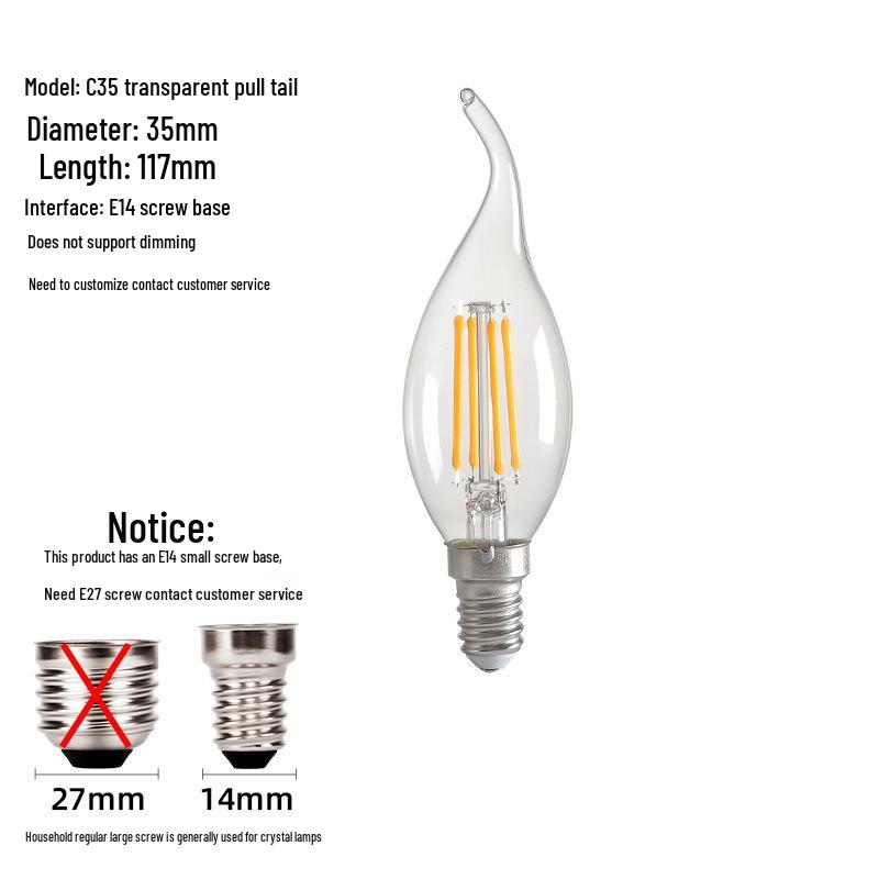 E14 LED Edison Candle Bulb, Warm Light, Flame Tip, C35 Crystal Imitation Tungsten Filament, Retro Super Bright.