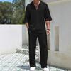 Men Casual Commute Solid Color Short Sleeve Shirt Long Pants Two Piece Set