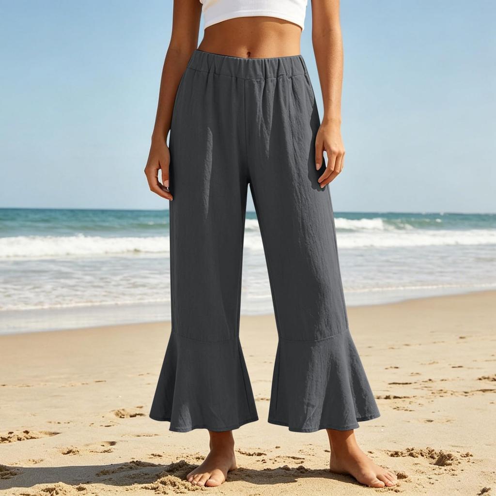 Damen Sommer Lässig Elastischer Bund Weites Bein Schlagende Caprihosen Strand Lockerer Schnitt Leicht Atmungsaktiv