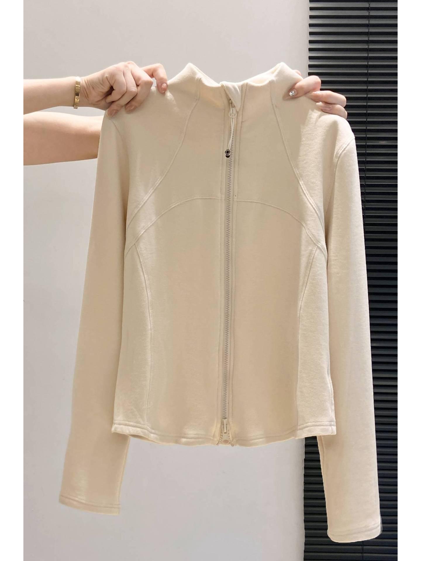 

Women s High Neck Fishbone Waist-Cinched Cardigan with Double Zipper and Brushed Interior, Long Sleeve for Autumn/Winter Extra Large абрикосовый