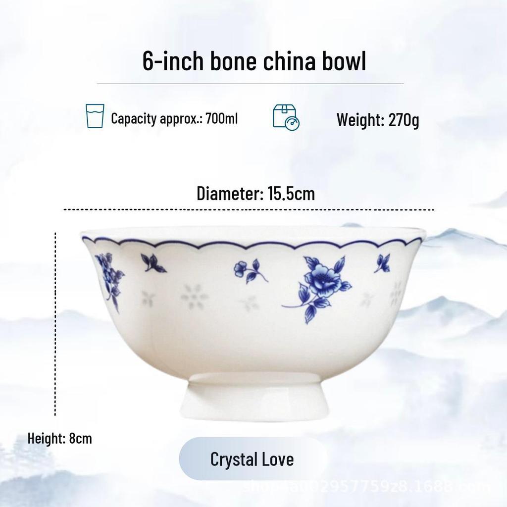 Blue and White High-Foot Bone China Noodle Bowl - Chinese-Style, Anti-Scald, Customizable for Birthdays