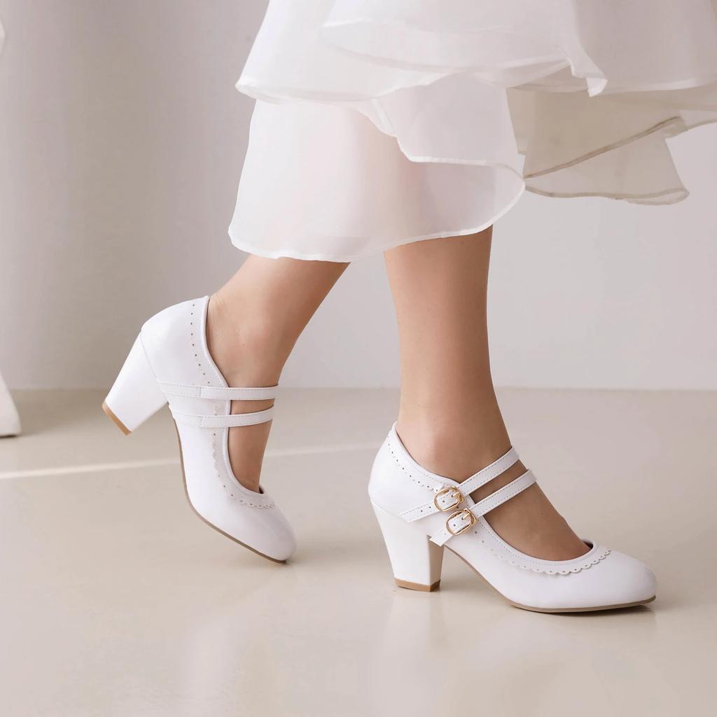 Pink Patent Leather Double Ankle Strap Mary Janes Women High Block Heels White Purple Bordered Sweet Dress Lady Round Toe Pumps
