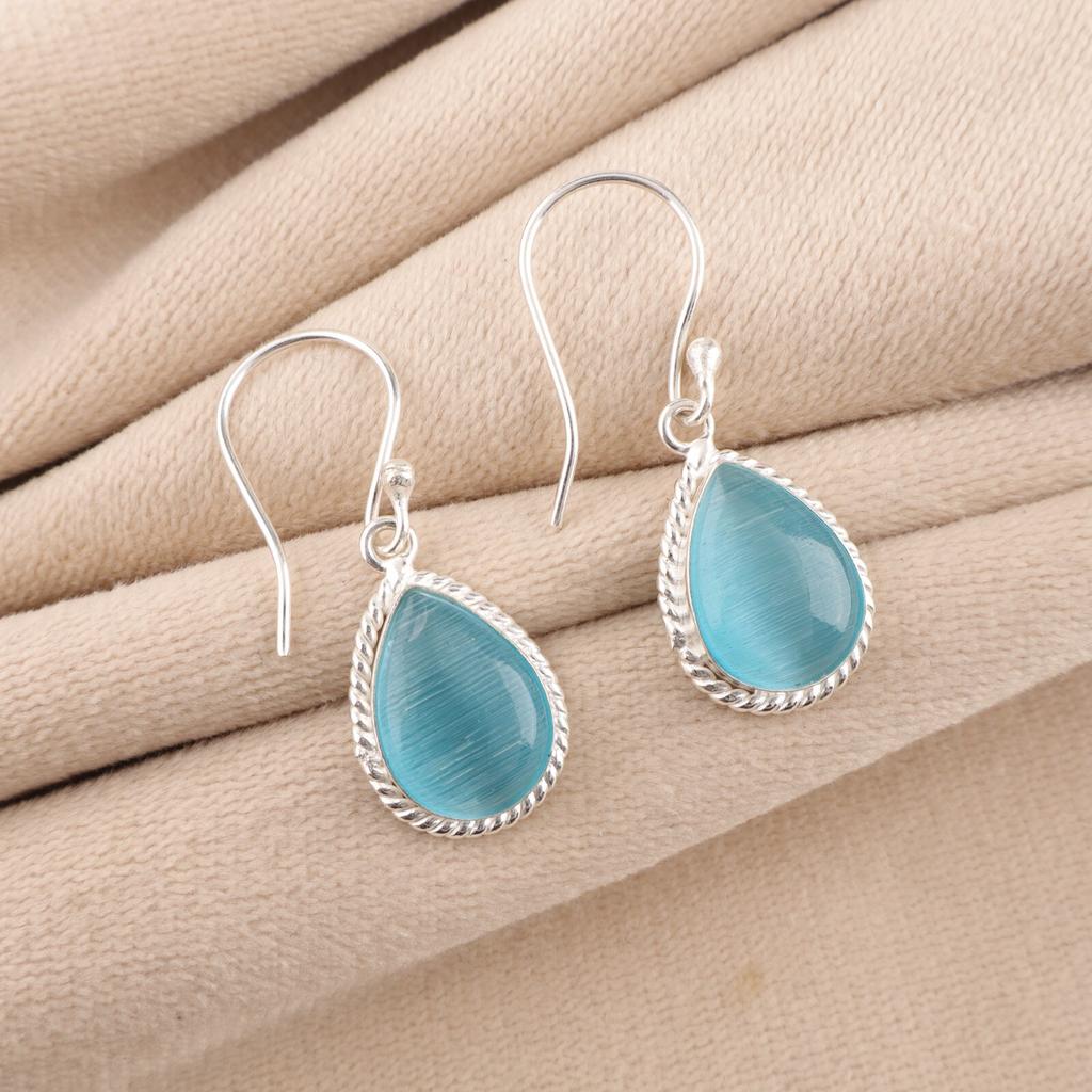 Genuine Blue Cat's Eye Gemstone 925 Solid Silver Jewelry Handmade Earrings 1.40" EE-9-42