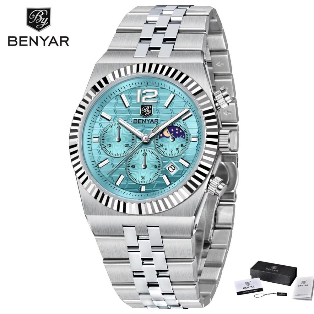 BENYAR BY-5225M 40MM New Original Design Honeycomb Pattern Dial Luxury Men Watch Stainless Steel Chronograph Quartz Watch