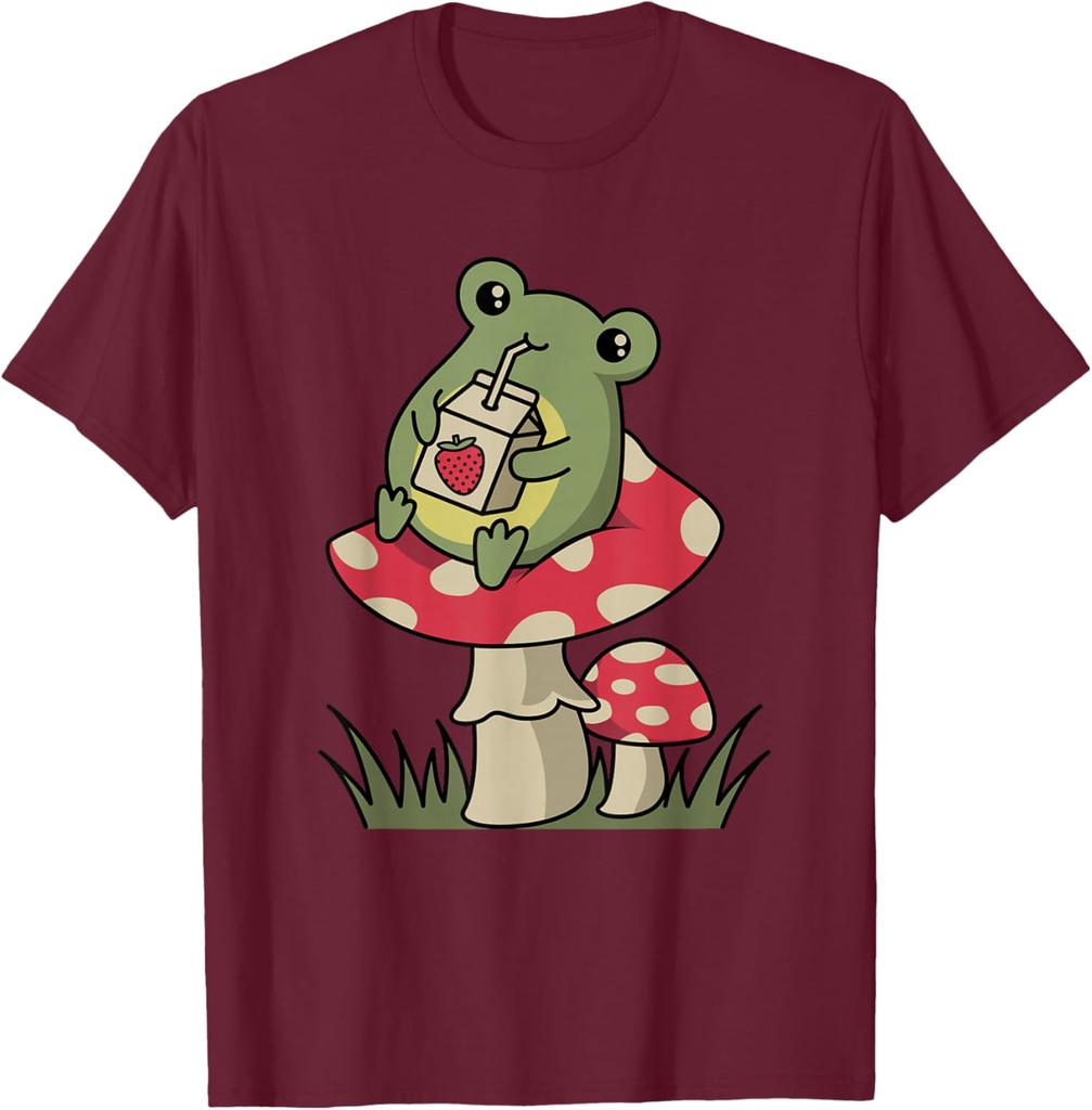 Cottagecore Frog Drinking Strawberry Milk Mushroom Graphic Tee Soft Casual Cotton T-Shirt for Unisex