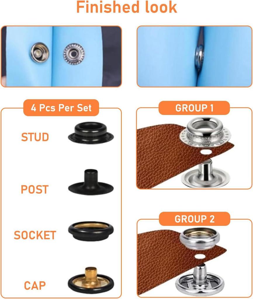 100er Set Vierfarbige Edelstahl-Druckknopf-Kit - Ohne Nähen Starke Zange & Weiße Knopfverschlüsse für Plane