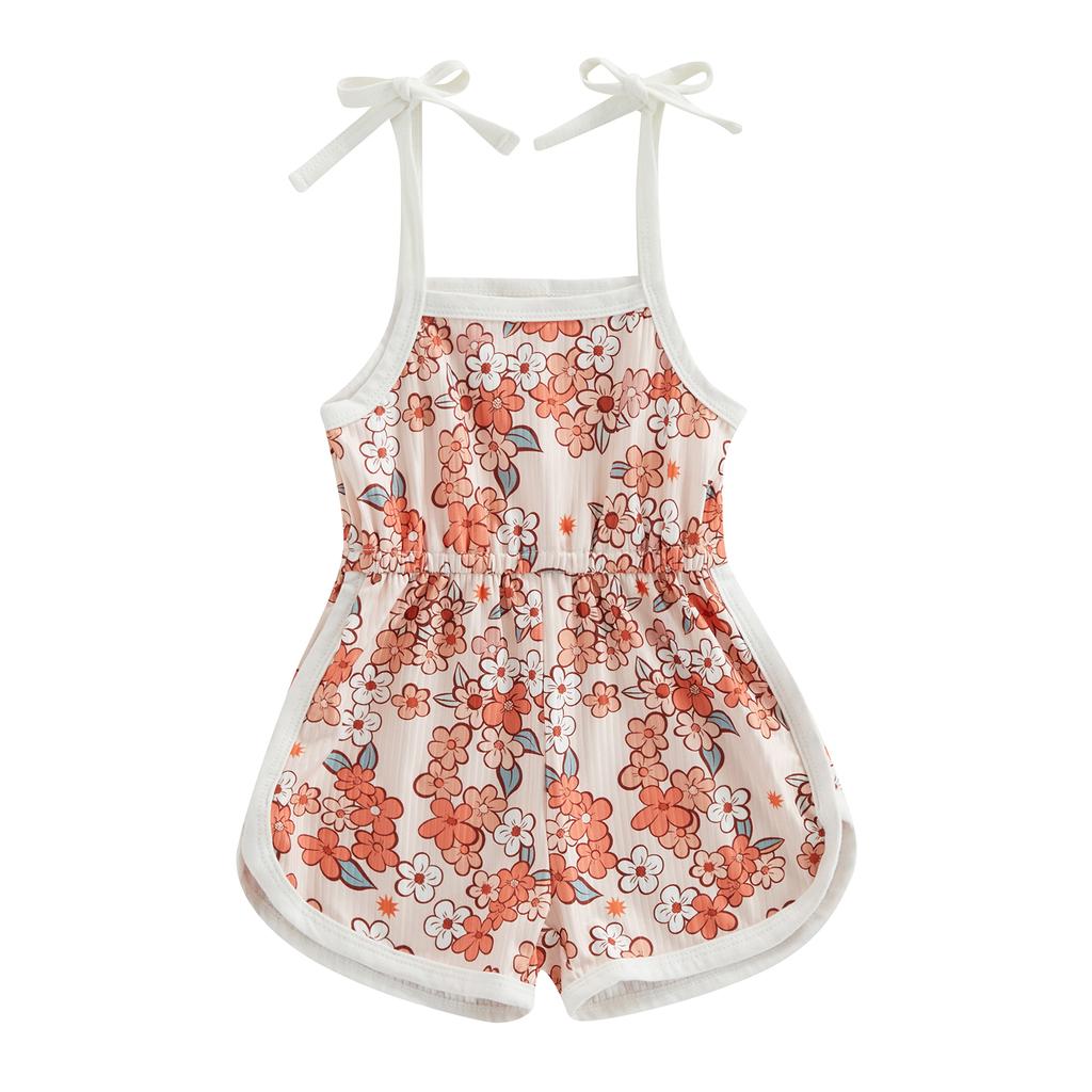Toddler Baby Girl Summer Jumpsuit, Cartoon Flower Print Sleeveless Sling Tie-Up Shorts Romper