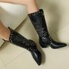 Krazing Po Microfiber Winter Pointed Toe Western Boots Size 43 Metal Rivets Embroidery Thick Heels Mid-calf Boots