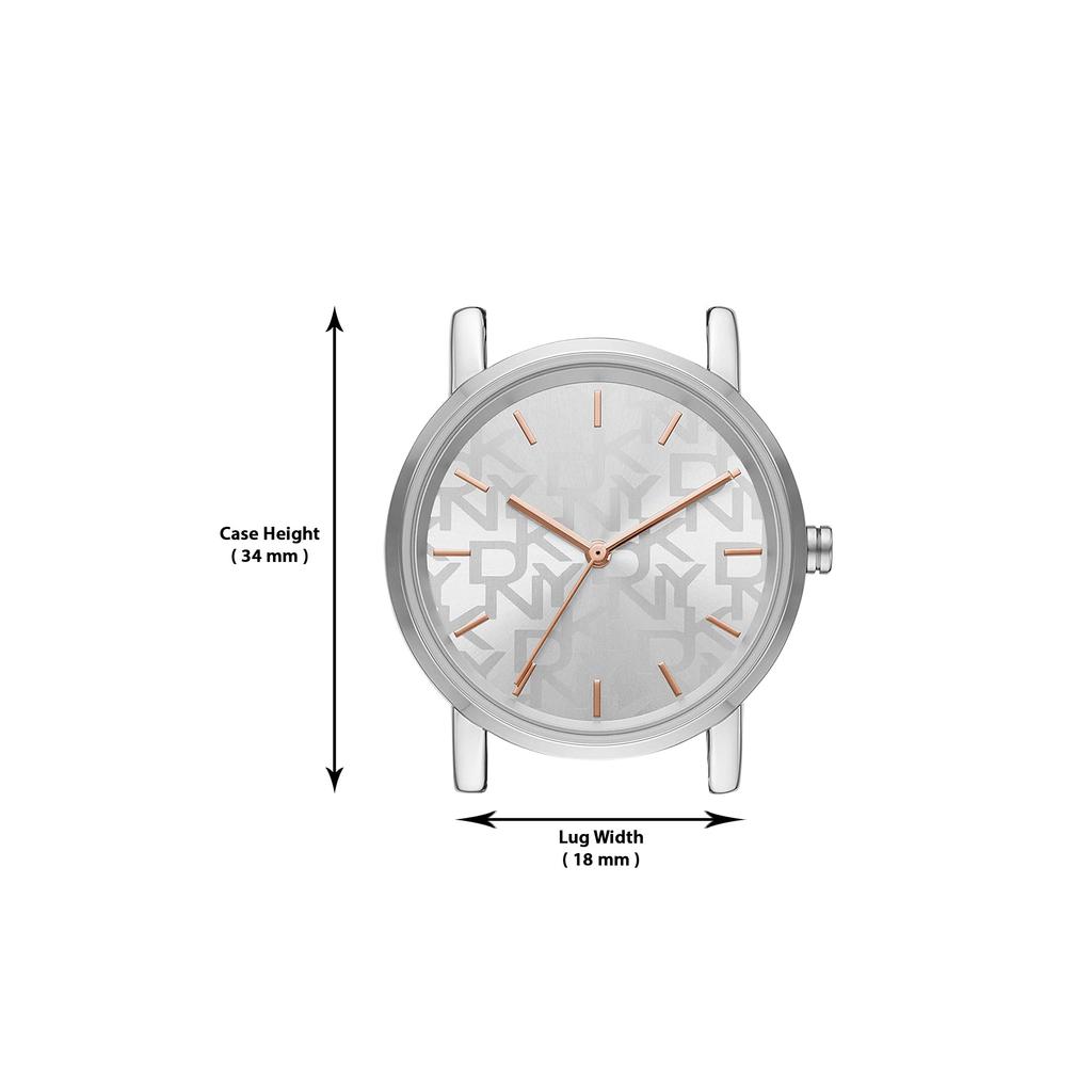 DKNY Ladies Soho 34mm Stainless Steel Quartz Dress Watch, Silver/Rose Gold Logo.