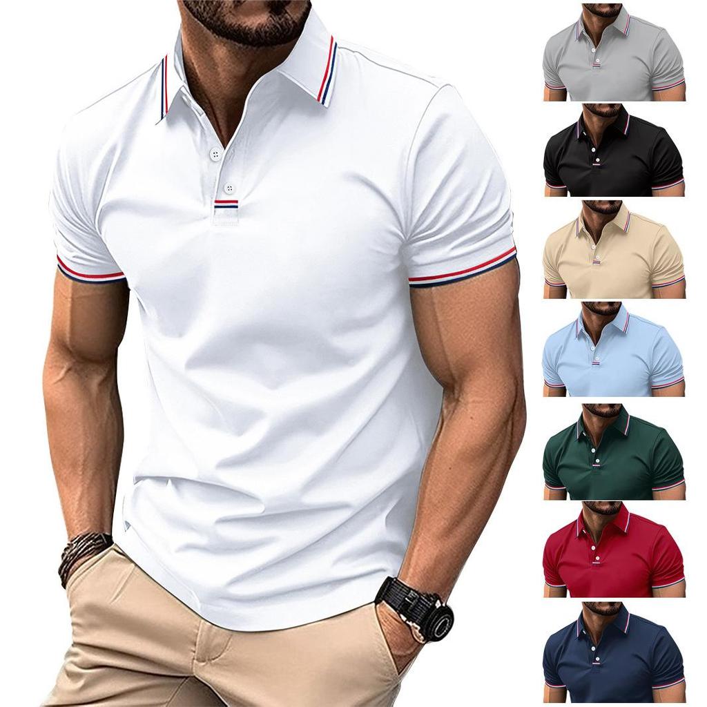 New Men's Casual POLO Shirt Lapel Collage Pull Stripes Button Business Solid Colour T-shirt Tops