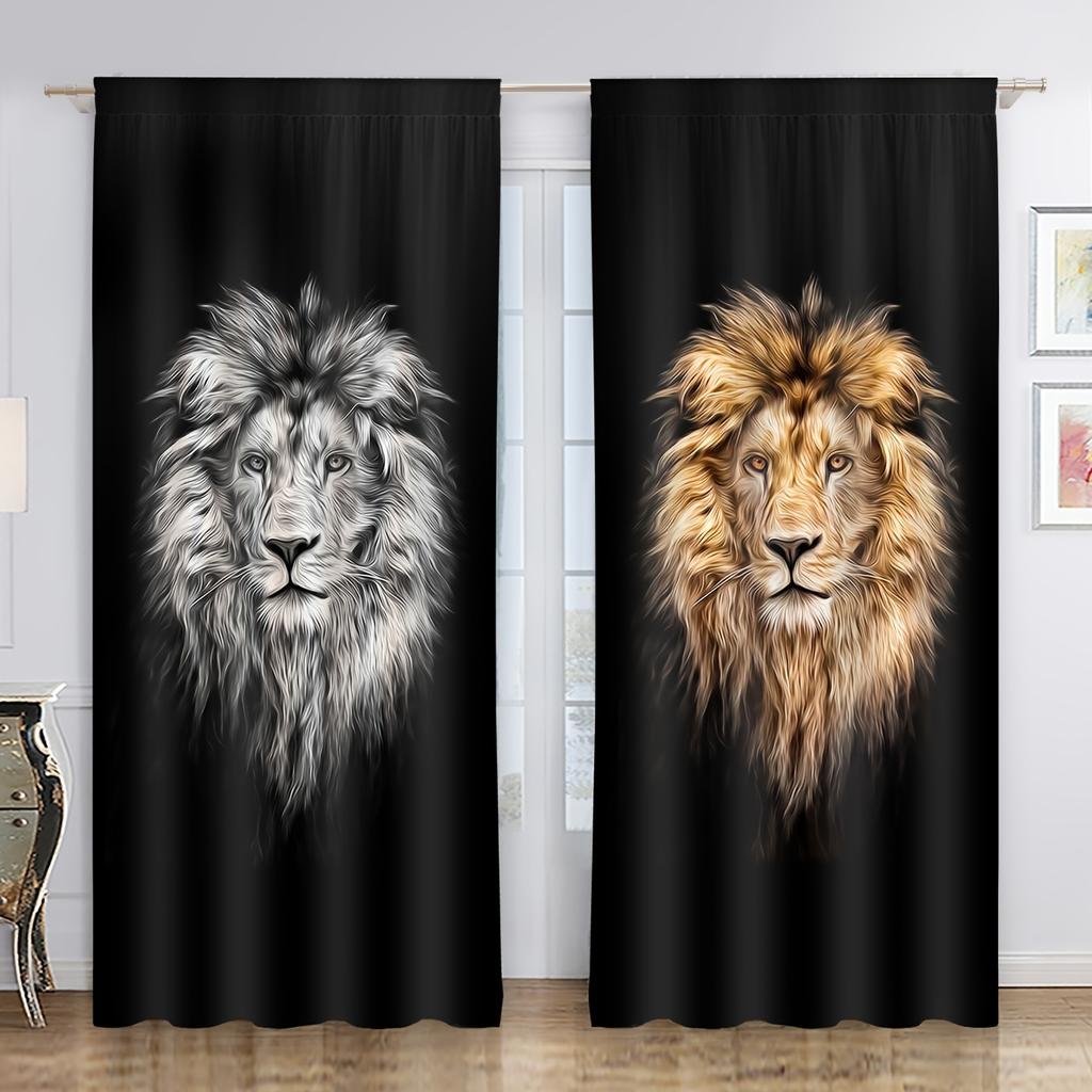 2pcs Luxury Gold Lion Tiger Animal Kids Curtains Blinds Window Treatment for Bedroom Office Kitchen Living Room Study Home Decor