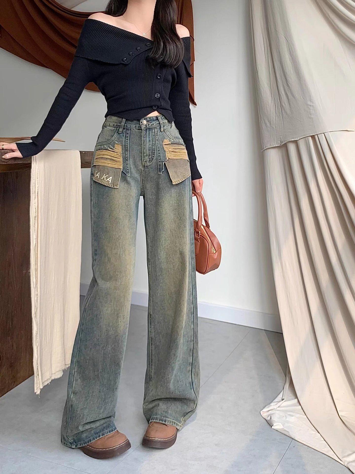 

Женские джинсы с широкими штанинами и рваным декором, осень 2024 Small синий