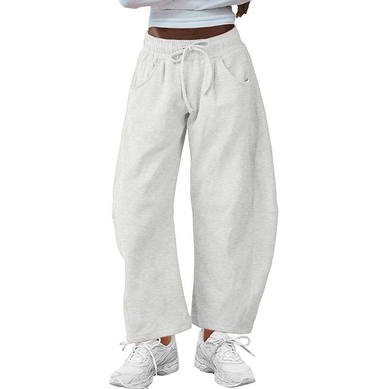 Women s Elastic Waist Wide Leg Sweatpants Loose Fit Drawstring Casual Jogger Trousers S белый
