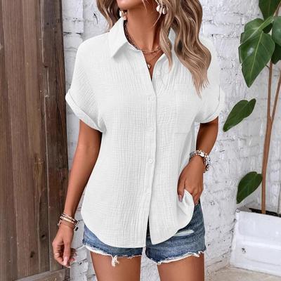 Summer Women's Casual Solid-color Wrinkled Fabric Button Short-sleeved Shirt