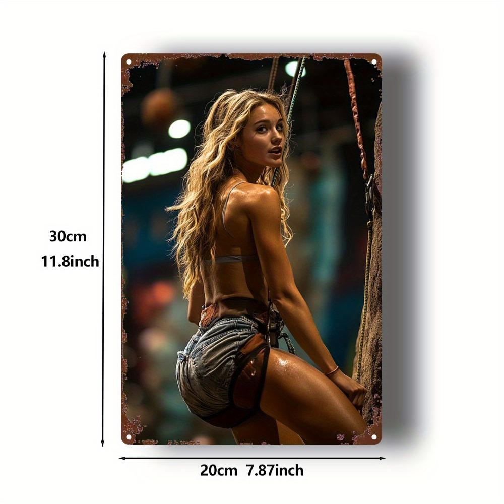 

Vintage Sexy Blonde Rock Climber Woman In Sports Bra Denim Shorts Retro Metal Tin Sign Rustic Wet Skin Gym Climbing Wall Art De 20x30cm（7.8x11.8inch）