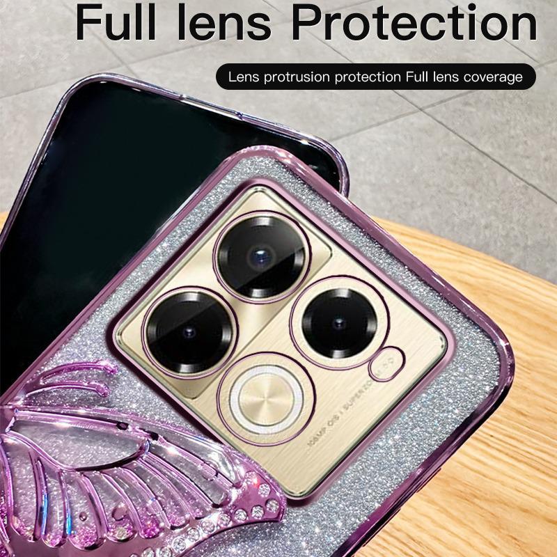 Chuan Yin Note40 Glitter Butterfly Stand Phone Case - Electroplated Diamond Flowing Sand Design for HOT40/GT20pro